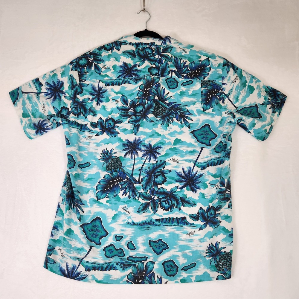Vintage Made in Hawaii Aloha Shirt Mens Large Teal Blue Tropical Pineapple Palm - Picture 2 of 5